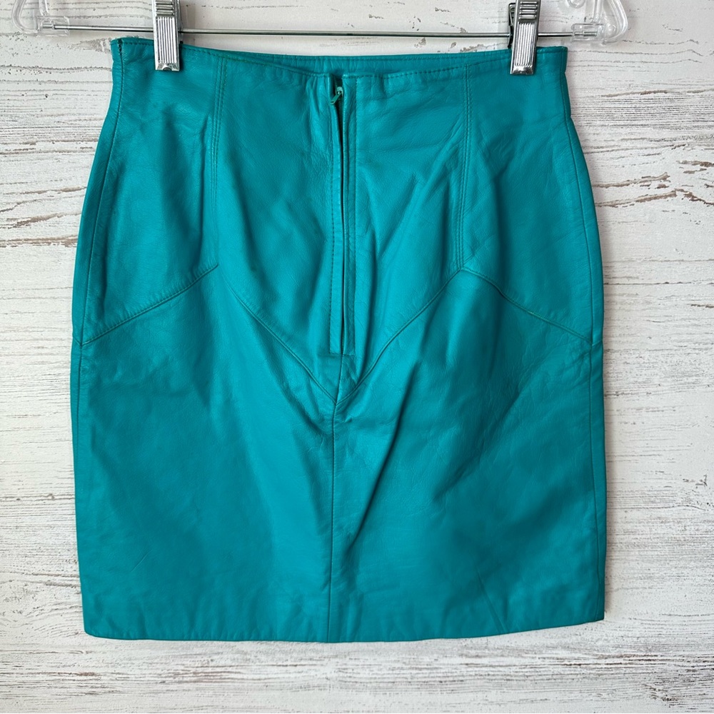 VINTAGE 90s 80s Leather Western Teal Turquoise High Waisted Mini Skirt Sz 8 - Picture 6 of 10